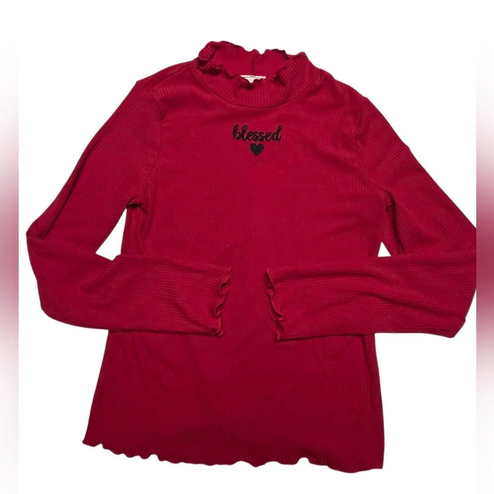 Red Long Sleeve Top with 'Blessed' Embroidery Girls Size 10/12